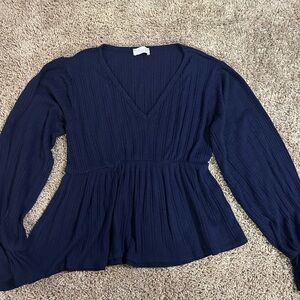 Pink Lily “It’s All Because Of You Blouse” v neck peplum navy blue